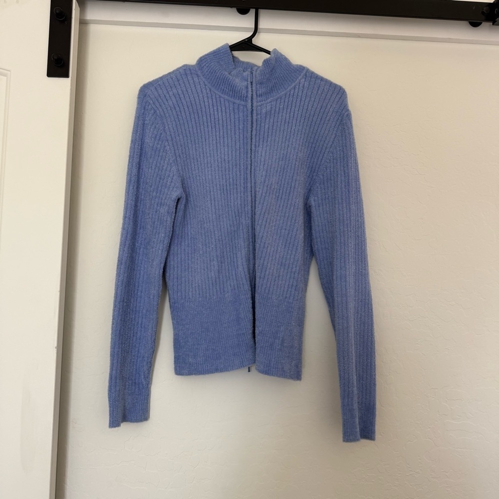 Talbots Womens Blue Periwinkle Ribbed Zip Up Sweater Mock Neck Fuzzy Large